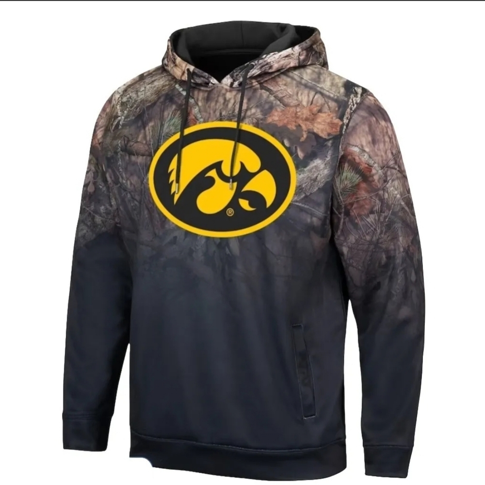 Iowa Hawkeyes Colosseum Black Mossy Oak Camo Pullover Hoodie Men's Large NWT
